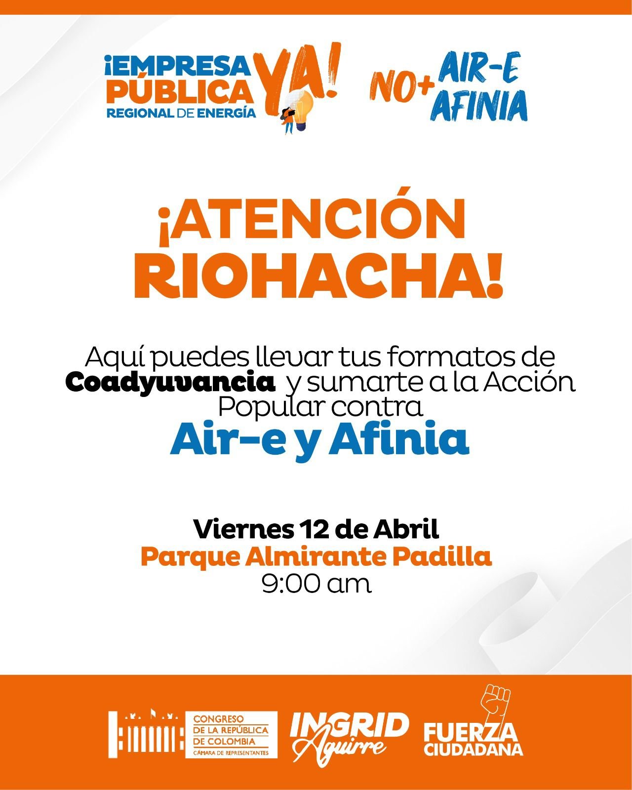 Congresista Ingrid Aguirre llega a Riohacha para la firmatón de la acción popular en contra de Air-e y Afinia